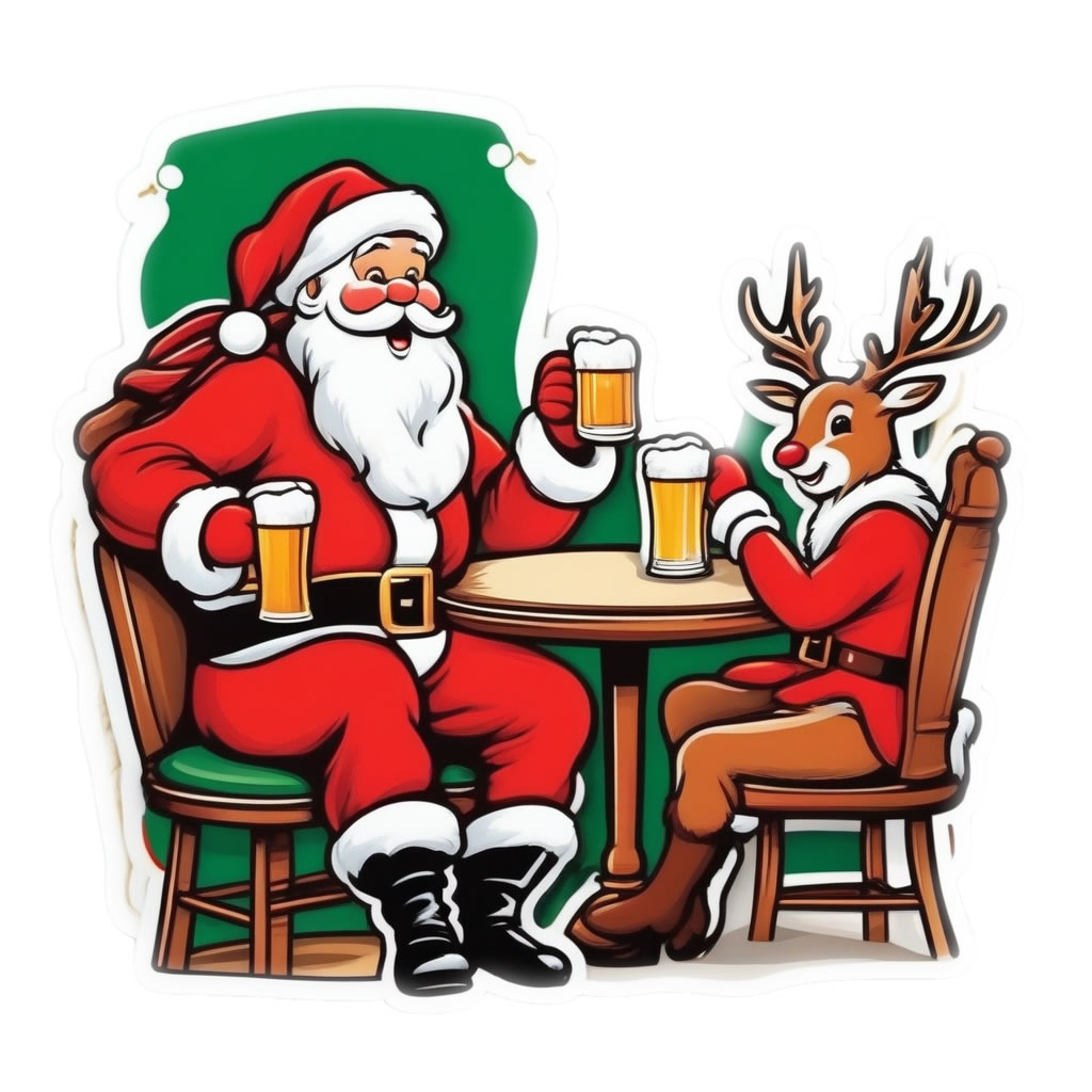 Santa and Rudolph Drinking Beers Vinyl Bumper Sticker  Window Cling or Bumper Sticker Magnet in UV Laminate Coating