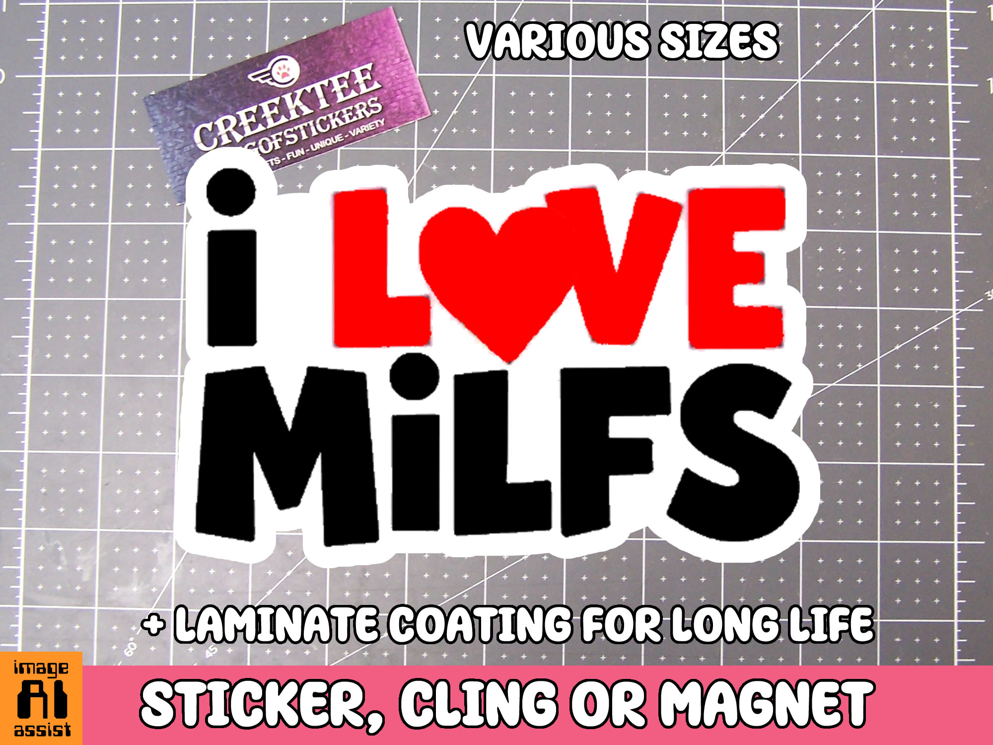 I Love MILFS Die Cut Vinyl Sticker  Window Cling or Magnet with Laminate Coating in Various Sizes