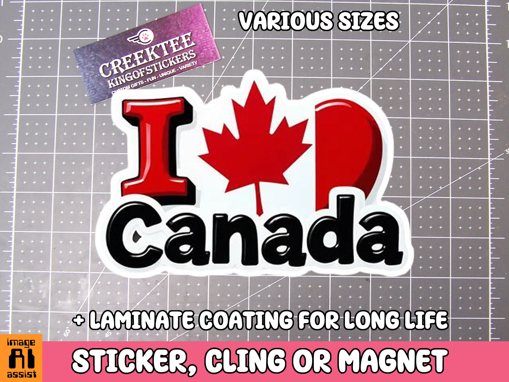 I Love Canada Die Cut Vinyl Sticker  Window Cling or Magnet with Laminate Coating in Various Sizes