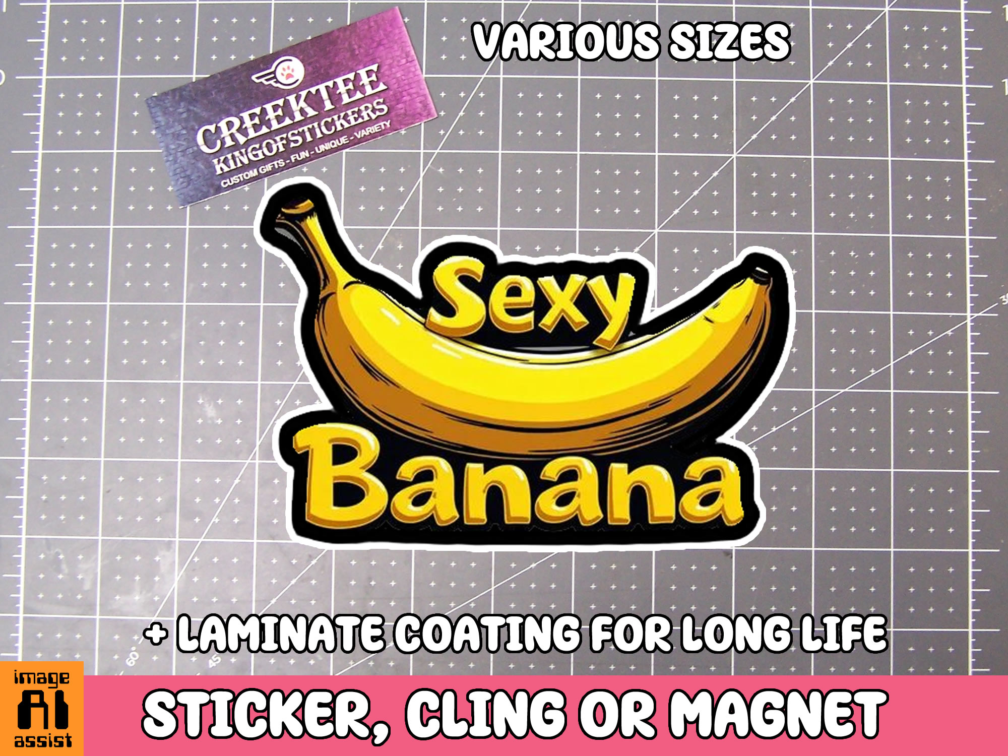 Sexy Banana Die Cut Vinyl Sticker  Window Cling or Magnet with Laminate Coating in Various Sizes