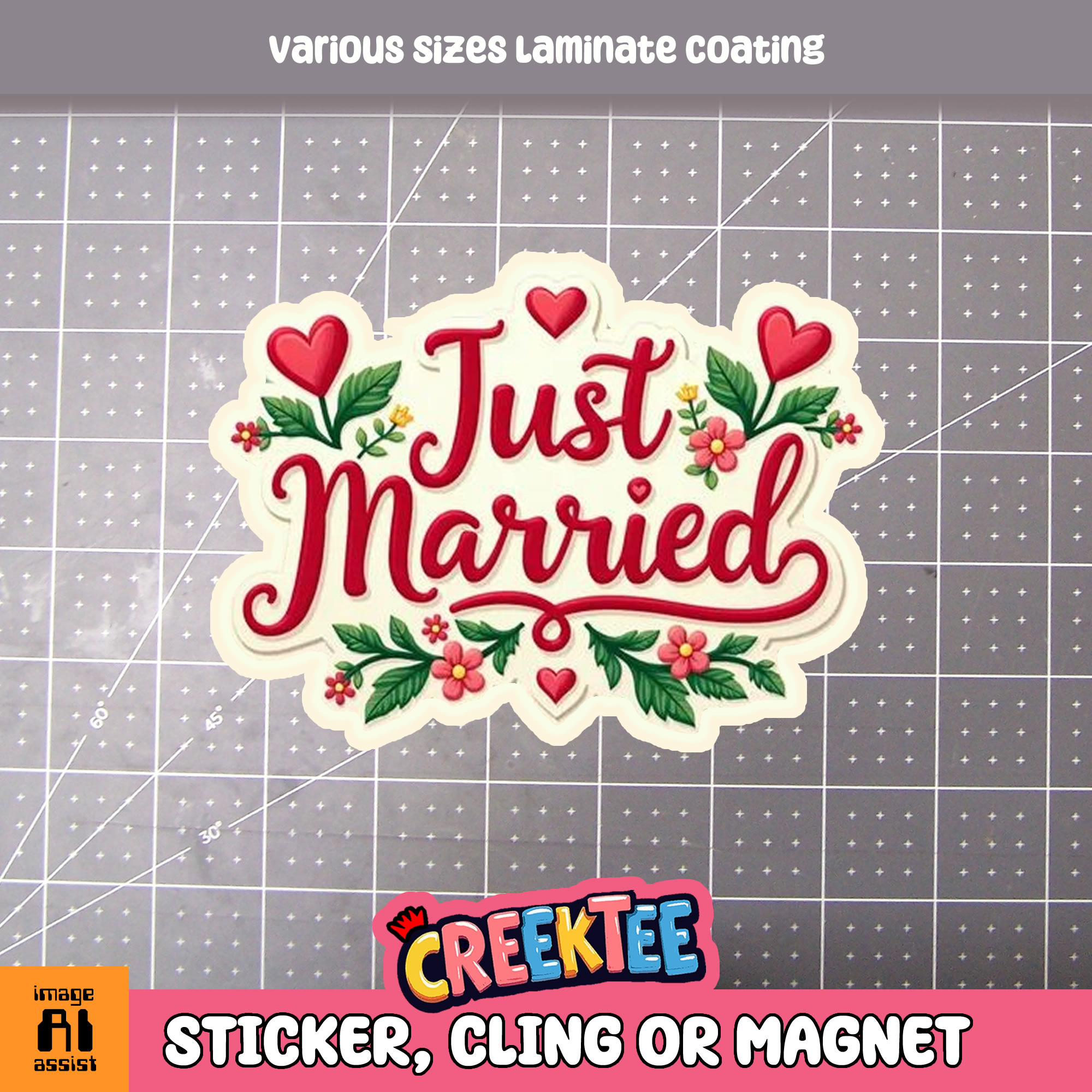 Just Married Die Cut Vinyl Sticker  Window Cling or Magnet with Laminate Coating in Various Sizes