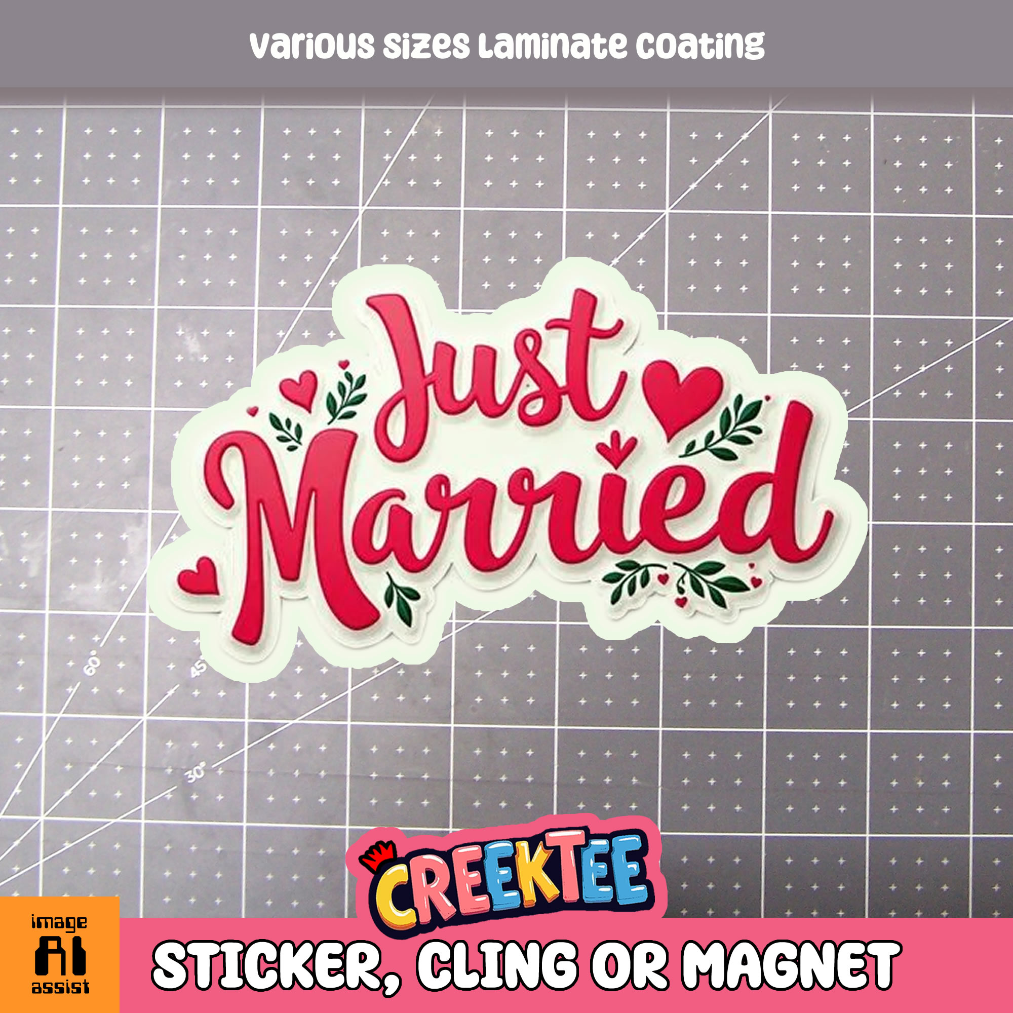 Just Married Die Cut Vinyl Sticker  Window Cling or Magnet with Laminate Coating in Various Sizes