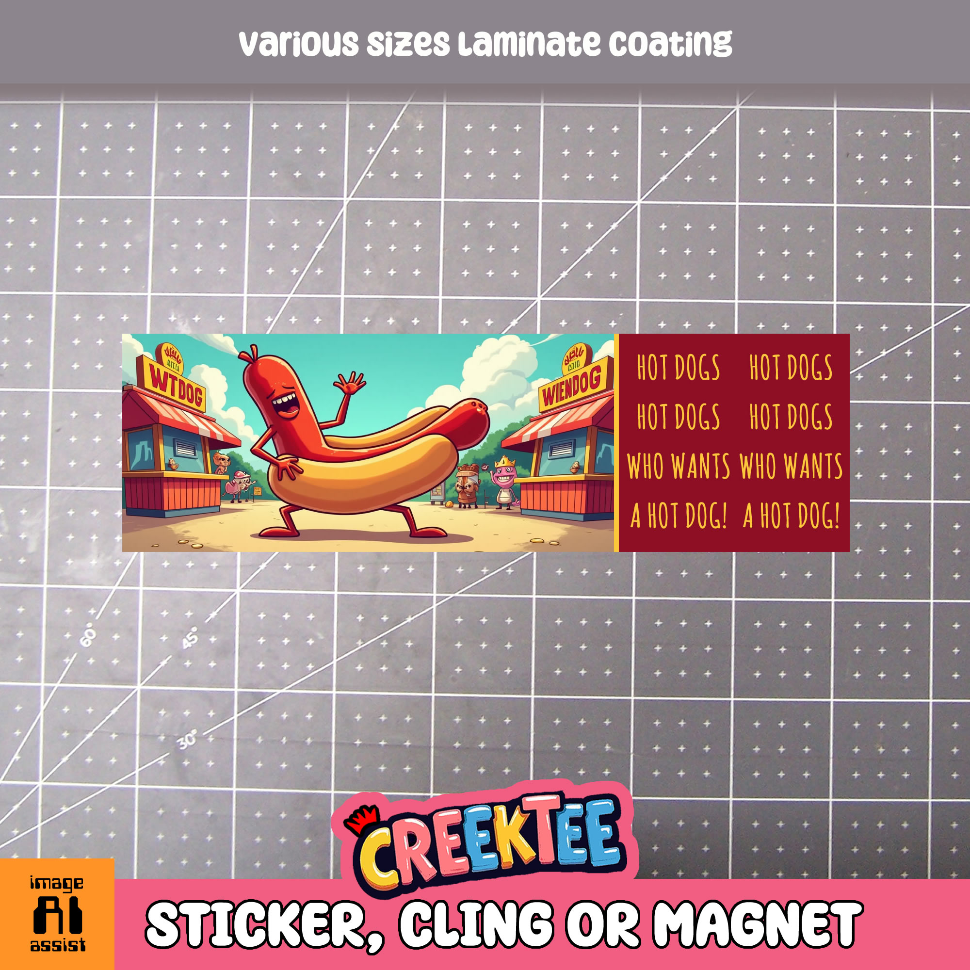 Hot Dogs Hot Dogs Who Wants A Hot Dog Vinyl Bumper Sticker  Window Cling or Magnet in UV Laminate Coating and Various Sizes