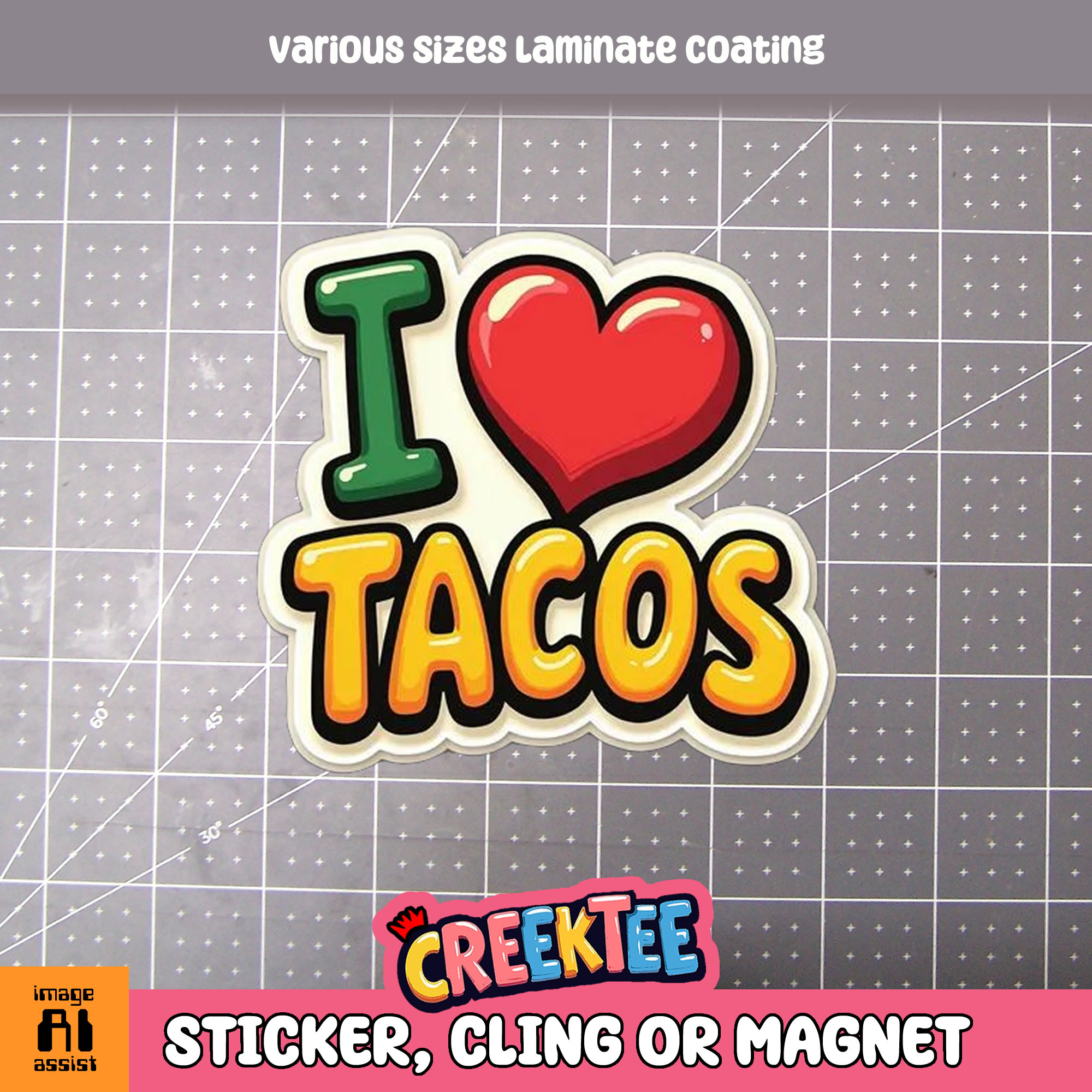 I Love Tacos Die Cut Vinyl Sticker  Window Cling or Magnet with Laminate Coating in Various Sizes
