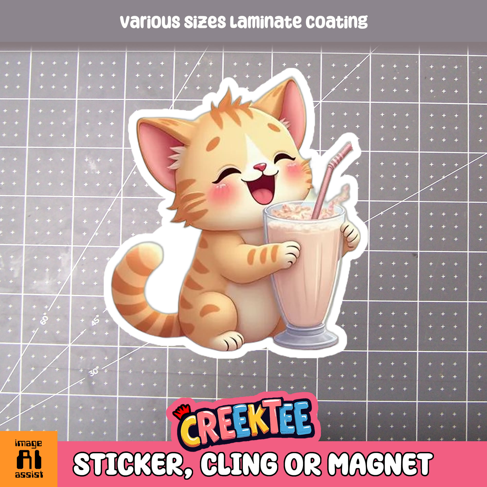 Cat with Milkshake Die Cut Vinyl Sticker  Window Cling or Magnet with Laminate Coating in Various Sizes
