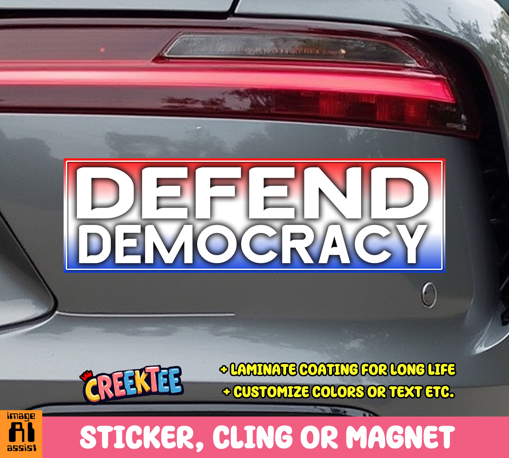 Defend Democracy Vinyl Bumper Sticker  Window Cling or Magnet in UV Laminate Coating and Various Sizes