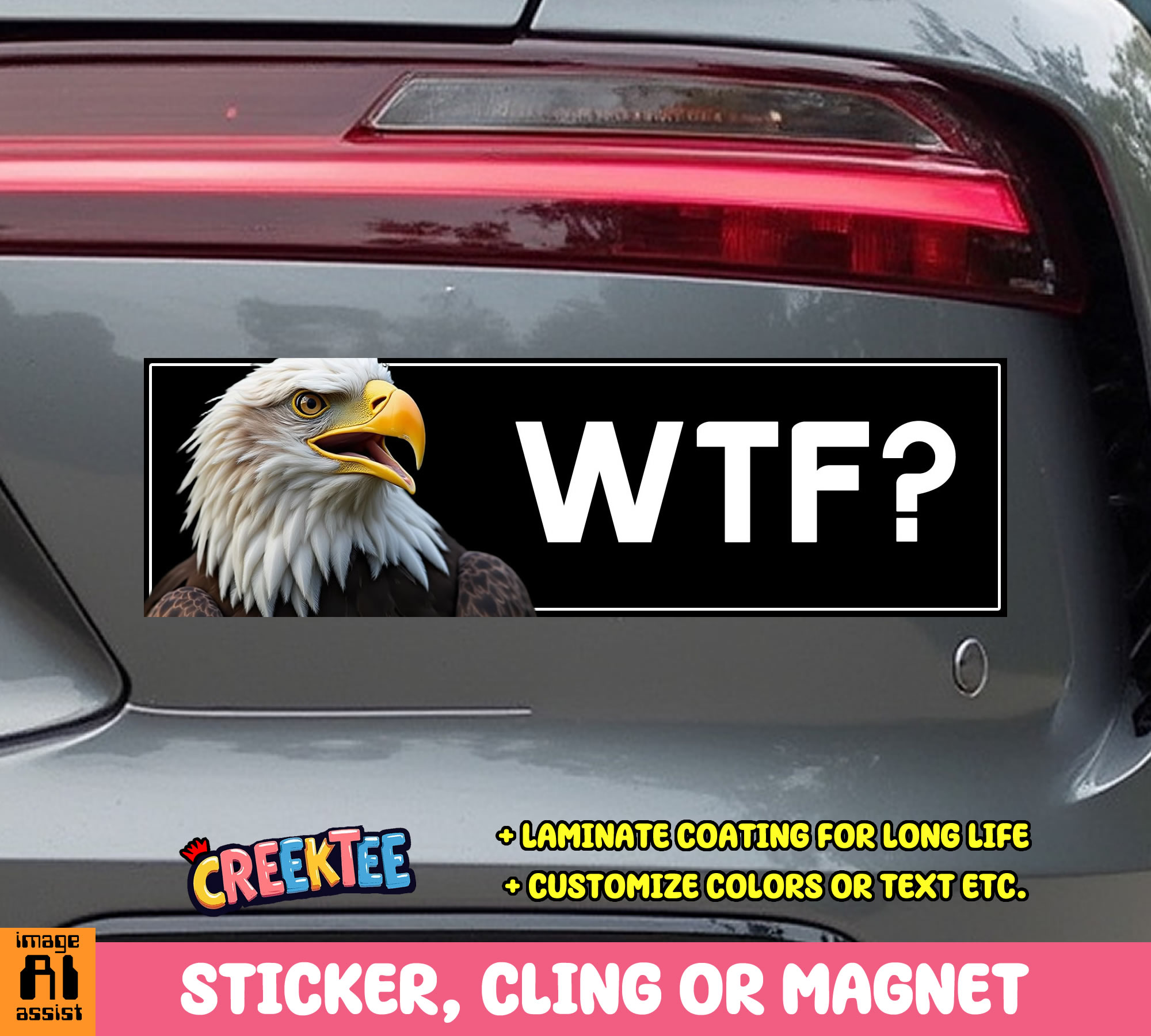 WTF  Eagle Vinyl Bumper Sticker  Window Cling or Magnet in UV Laminate Coating and Various Sizes