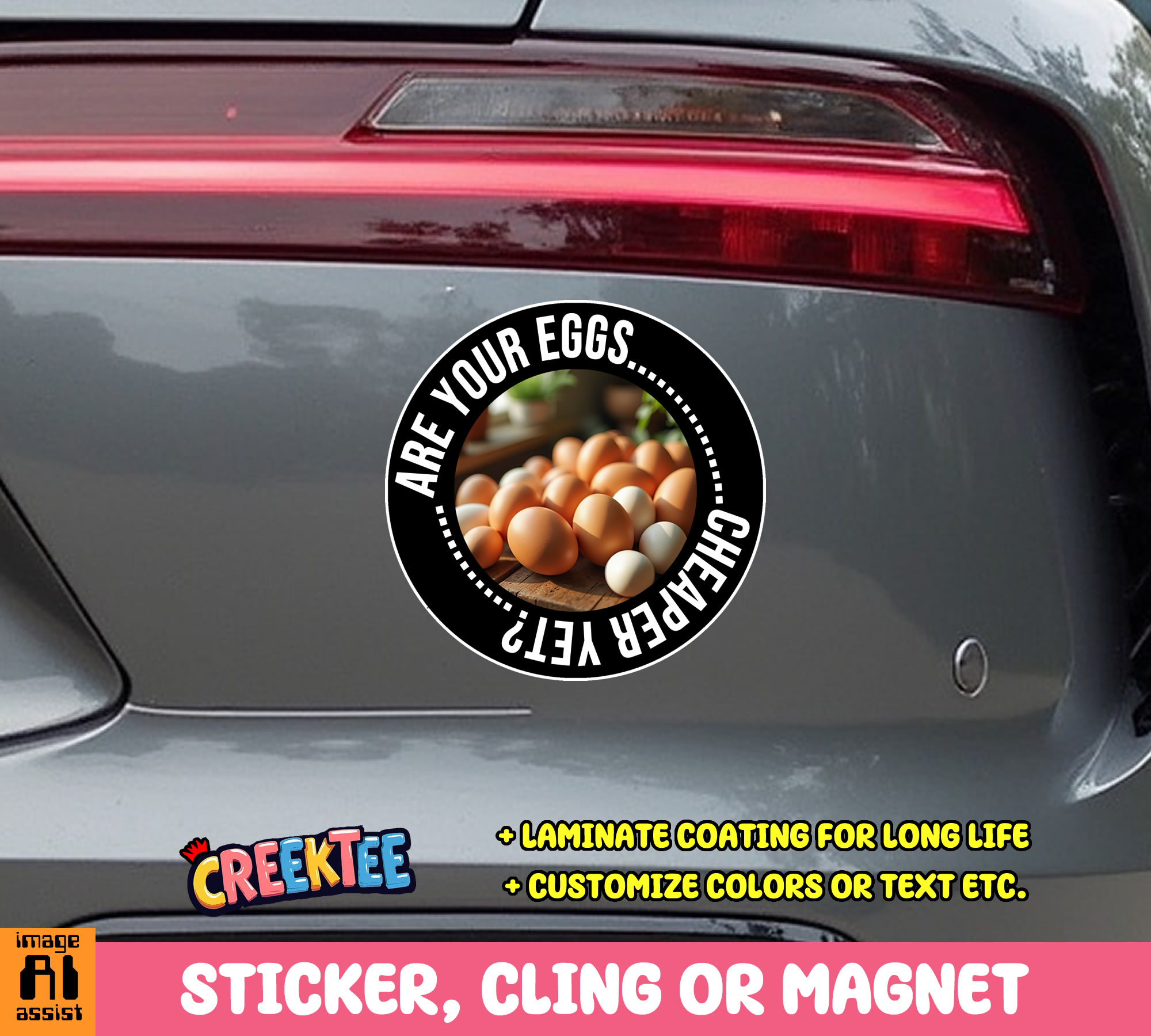 Are Your Eggs Cheaper Yet  Die Cut Vinyl Sticker  Window Cling or Magnet with Laminate Coating in Various Sizes