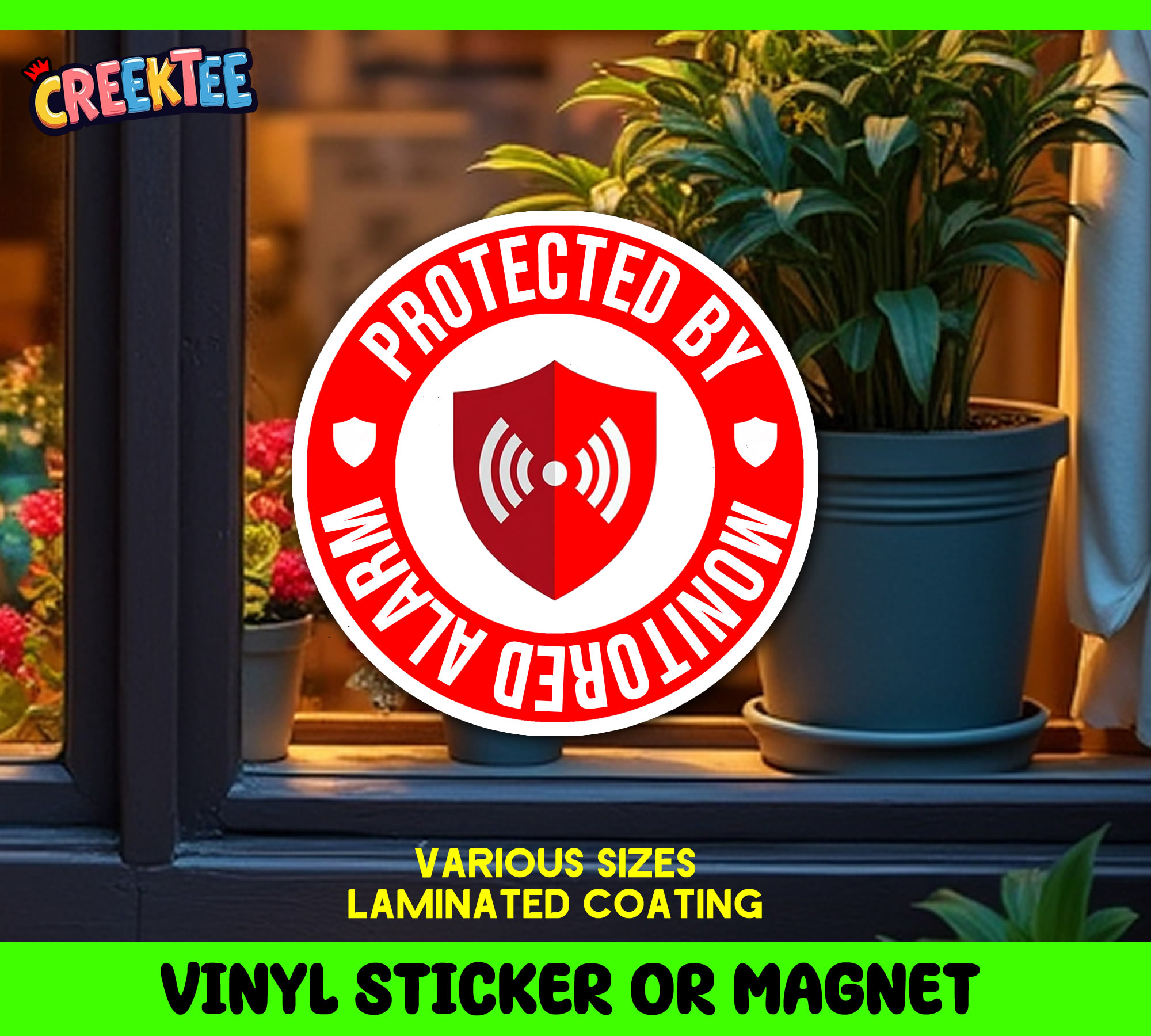Protected by Monitored Alarm Vinyl Sticker  Window Cling or Magnet with Laminate Coating in Various Sizes