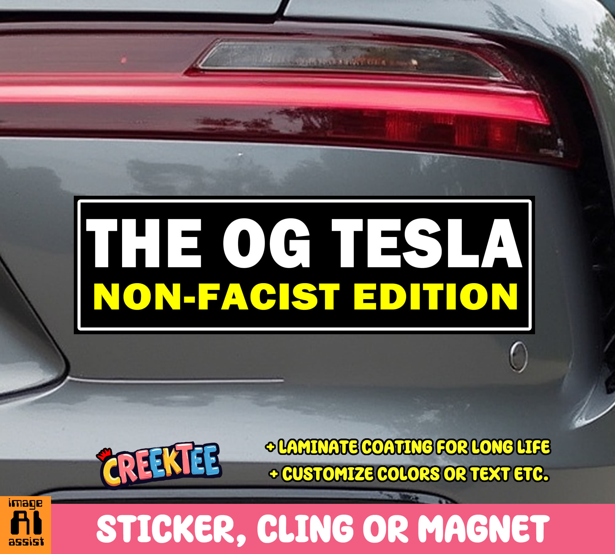 The OG Tesla Non-Facist Edition Vinyl Bumper Sticker  Window Cling or Magnet in UV Laminate Coating and Various Sizes