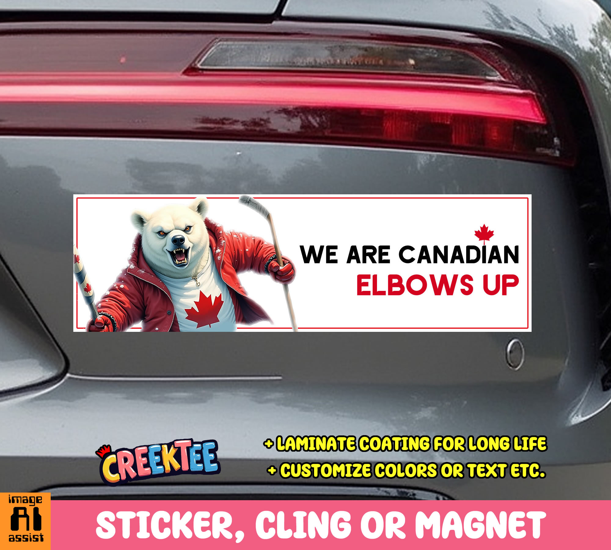 We are Canadian  Elbows Up Vinyl Bumper Sticker  Window Cling or Magnet in UV Laminate Coating and Various Sizes