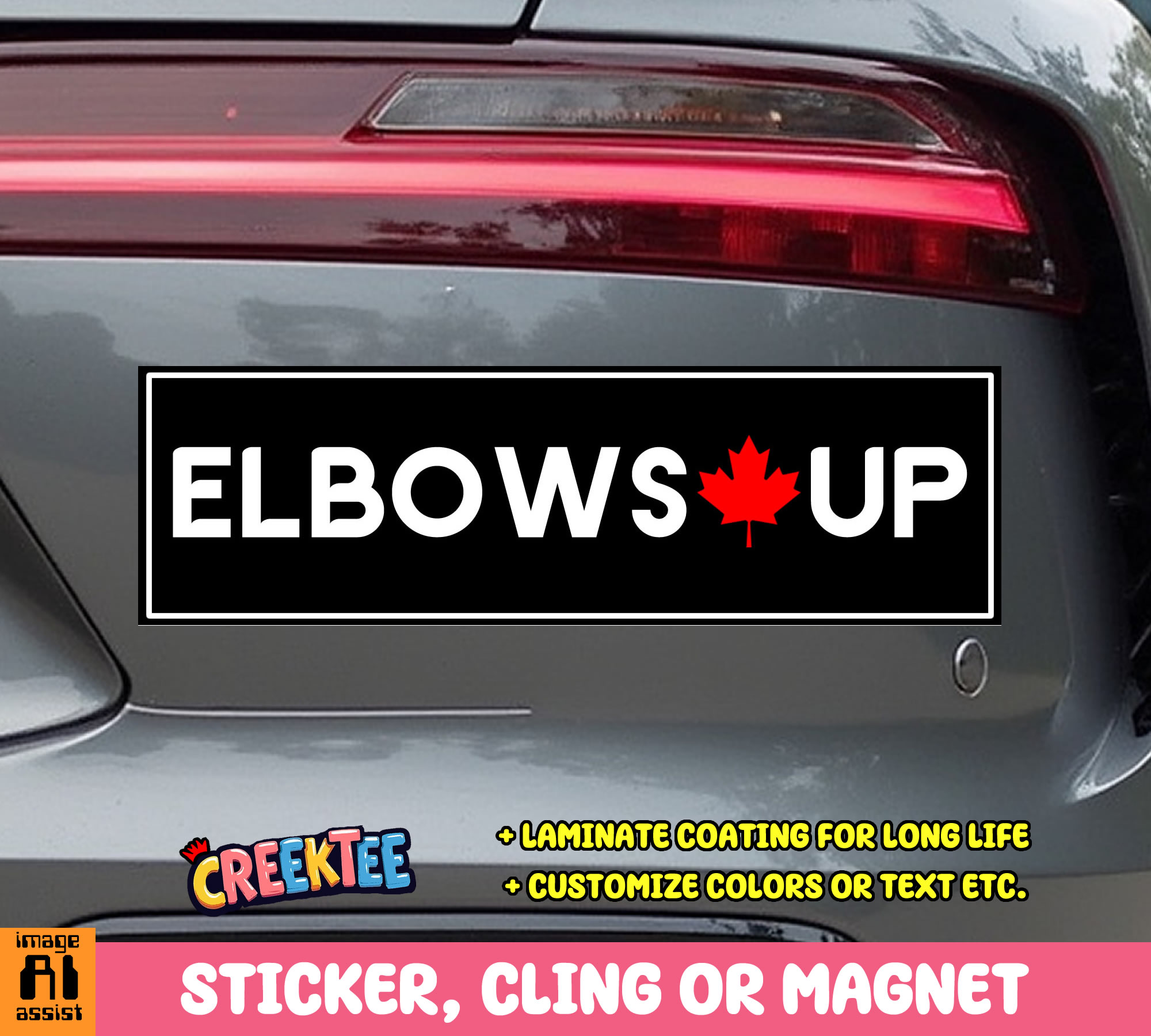 Elbows Up Canada Vinyl Bumper Sticker  Window Cling or Magnet in UV Laminate Coating and Various Sizes