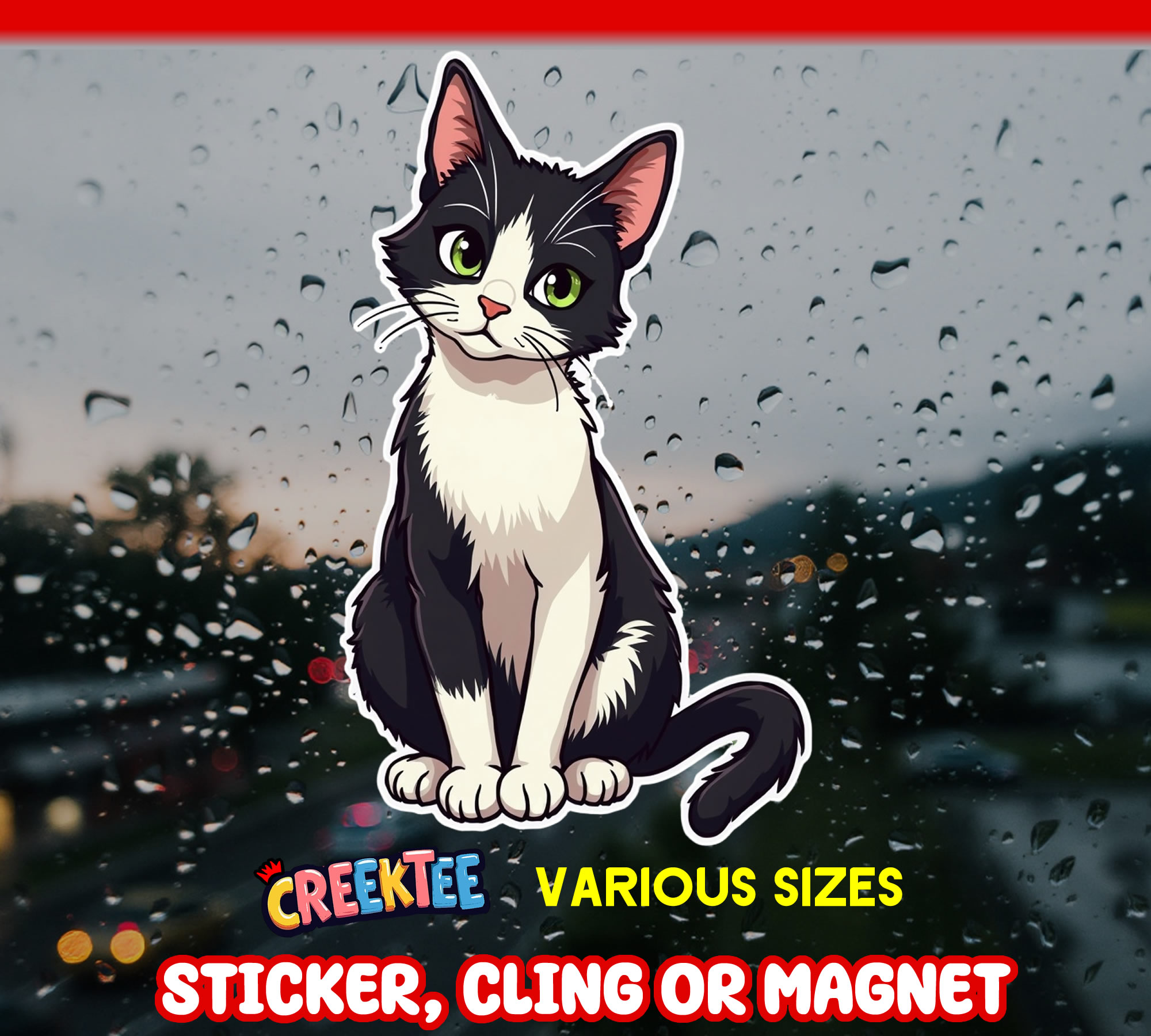 Black and White Cat Die Cut Vinyl Sticker  Window Cling or Magnet with Laminate Coating in Various Sizes