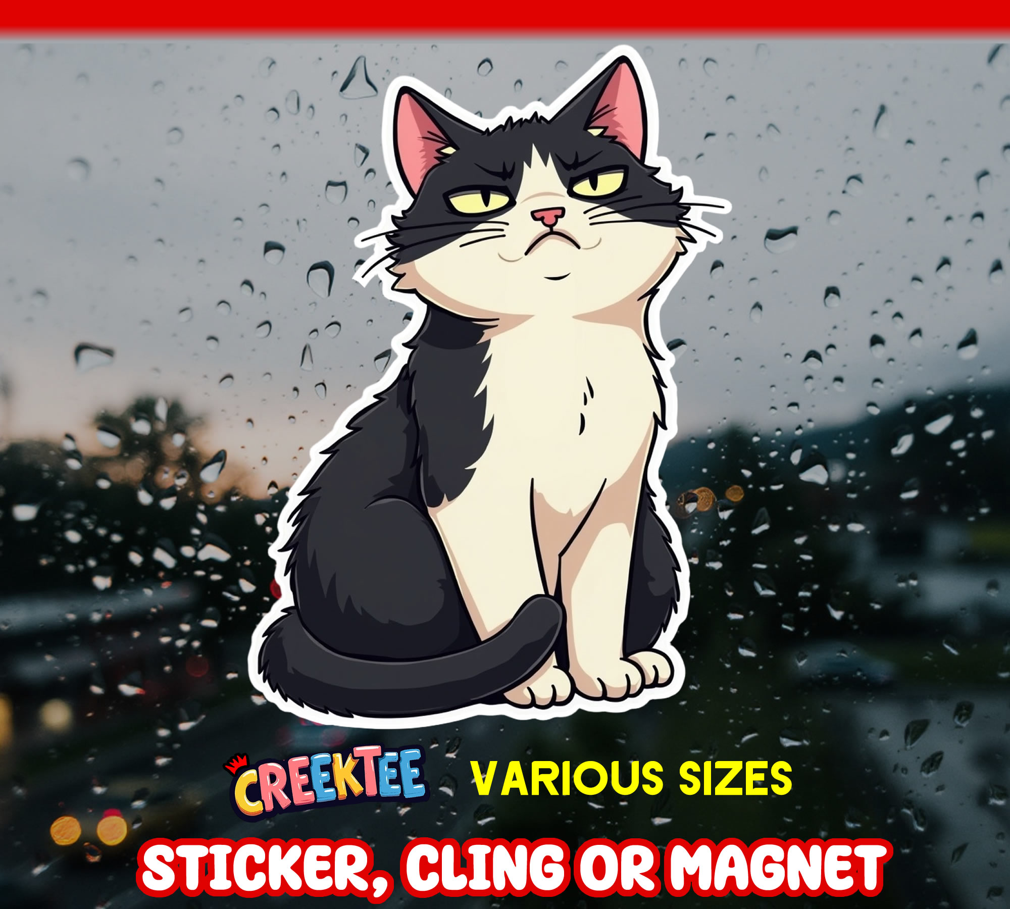 Black and White Cat Die Cut Vinyl Sticker  Window Cling or Magnet with Laminate Coating in Various Sizes