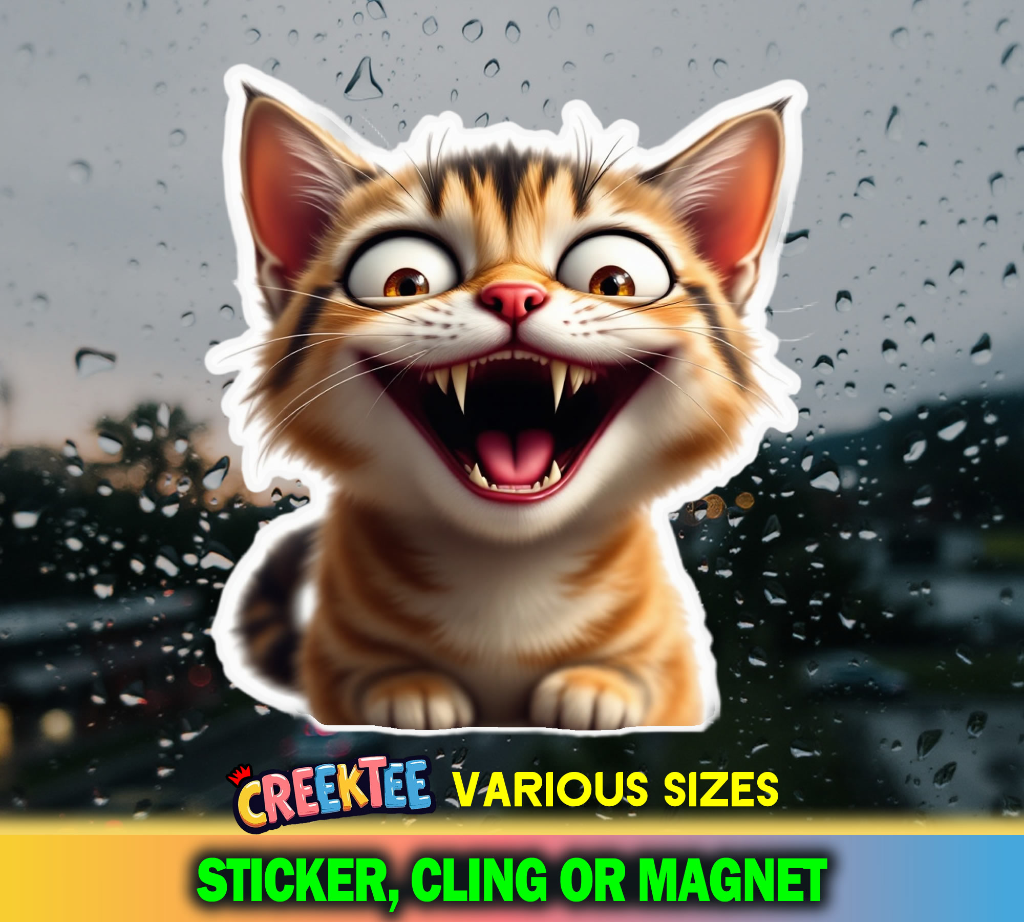 Happy Cat Die Cut Vinyl Sticker  Window Cling or Magnet with Laminate Coating in Various Sizes