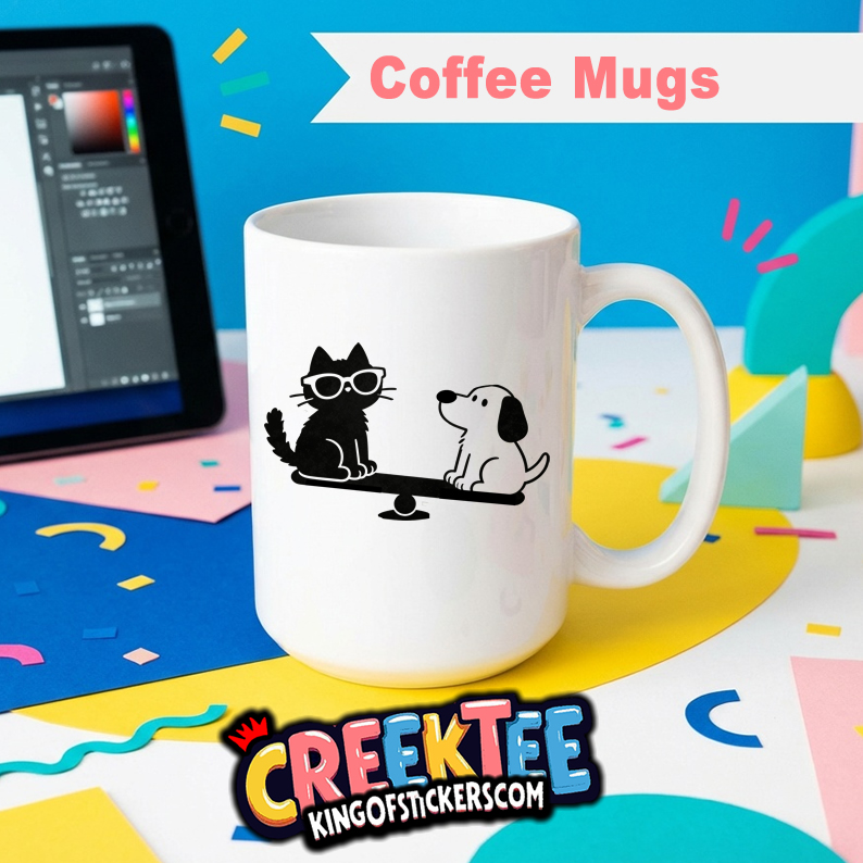 Cat and Dog Playing Fun Coffee Mug In Your Custom Print Color
